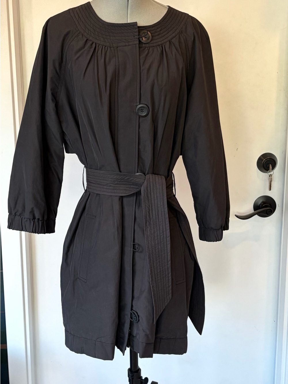 Vince Collarless Belted Trench, 3/4 sleeves, Cotton, dk grey, XS, GUC *button - Picture 2 of 16